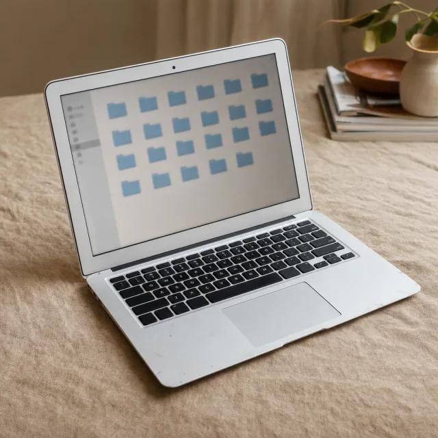 Starszy laptop ze zużytą aluminiową obudową na lnianej powierzchni
