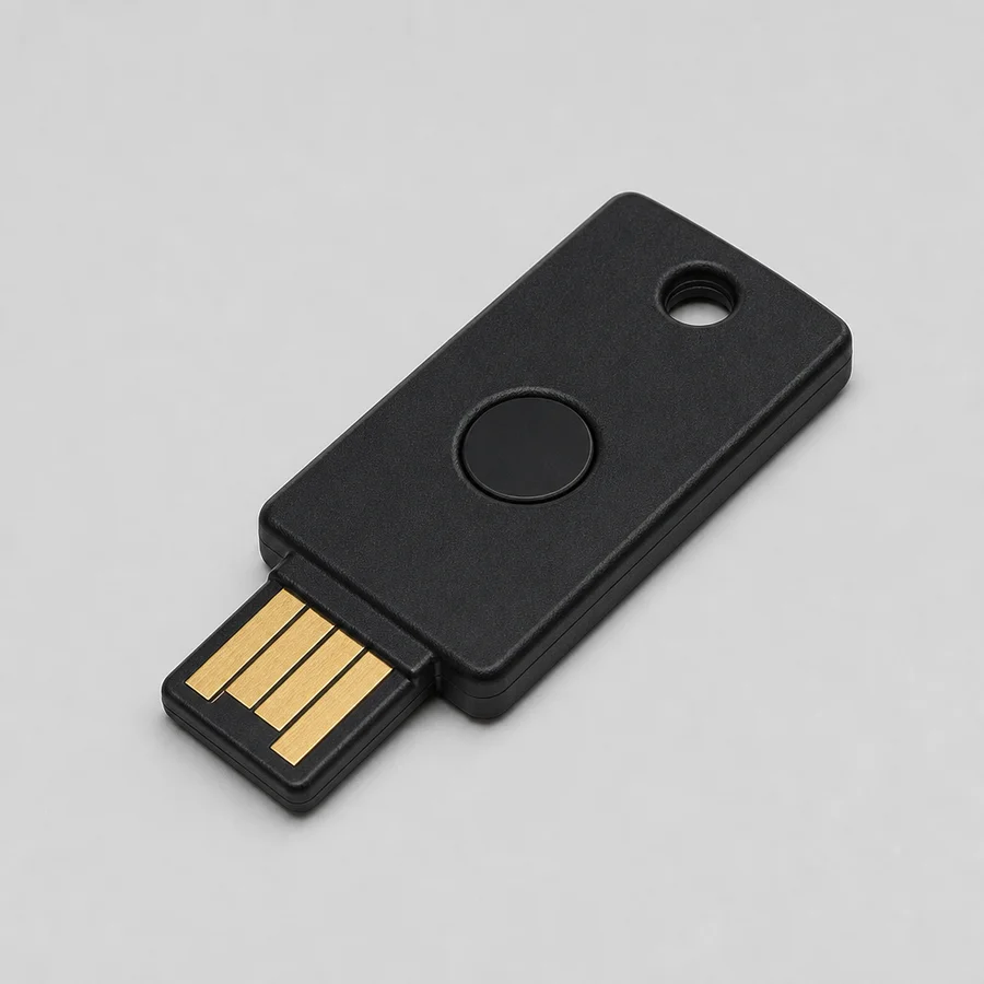 Sprzętowy klucz zabezpieczający Sprzętowy klucz zabezpieczający (mały klucz USB z przyciskiem), popularny drugi czynnik uwierzytelniania