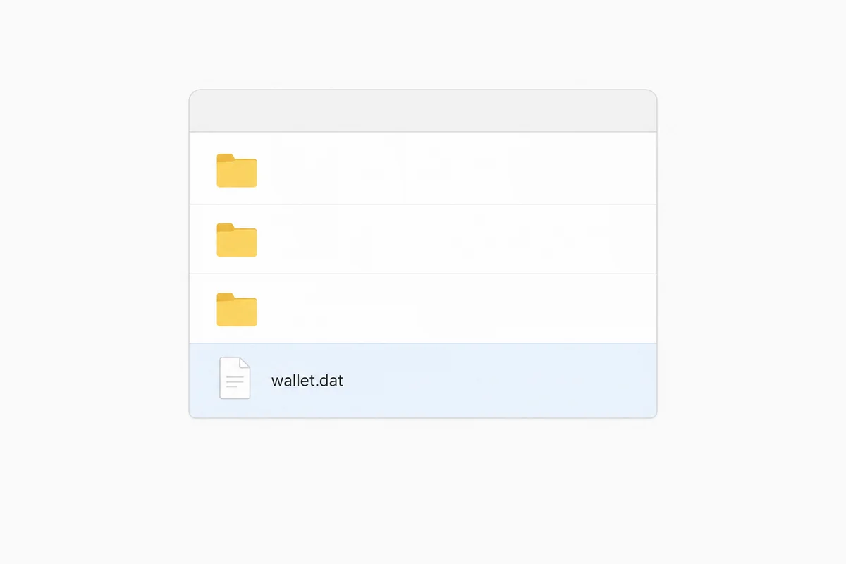 Plik wallet.dat Widok menedżera plików pokazujący plik wallet.dat, plik portfela Bitcoin Core i podobnych klientów